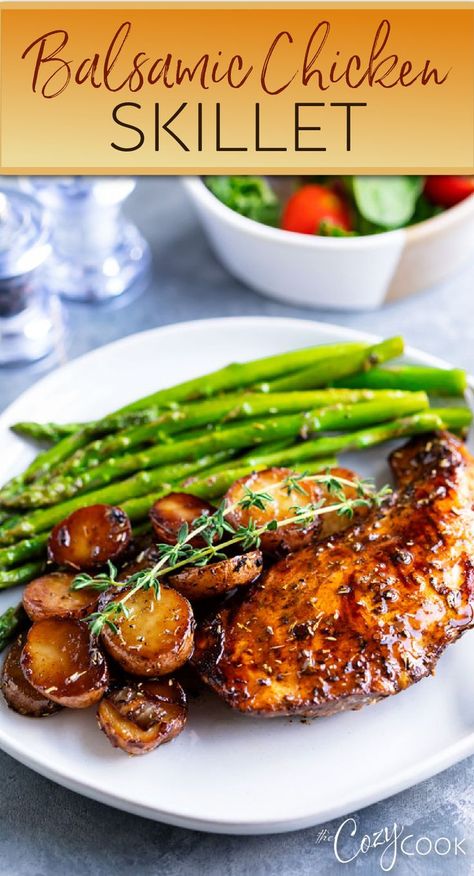 balsamic chicken with roasted potatoes and a side of asparagus Potatoes And Veggies, Clean Eating Chicken Recipes, Balsamic Vinegar Recipes, Balsamic Marinade, Chicken Head, Turkey Ideas, Balsamic Vinegar Chicken, Easy Skillet Meals, Clean Eating Chicken