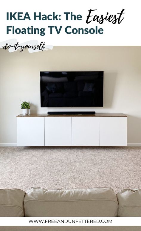 Learn how to easily make a modern entertainment console using IKEA's BESTA units and an off-the-shelf board from the hardware store by visiting www.freeandunfettered.com. #ikeahack #modernfarmhouse #livingroomideas #entertainmentconsole #ikeabesta #interiordesign Mobile Tv Alto Ikea, Ikea Under Tv Storage, Long Table Under Tv, Ikea Besta Tv Stand Hack, Storage Bench Under Tv, Besta Floating Tv Unit, Ikea Hack Media Console, Besta Tv Unit Hack, Besta Hack Tv Stands