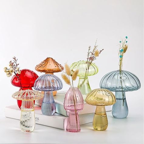 Amazon.com: Cunno 8 Pcs Mushroom Vase Mushroom Shaped Bud Glass Vase Colored Transparent Hydroponic Plant Vase Terrarium Vase Flower Pot for Home Office Desktop Decor (Small Holes) : Everything Else Bureau Decor, زجاج ملون, Hydroponic Plants, Glass Mushrooms, Mushroom Decor, Plant Vase, Mini Vase, Desktop Decor, Flower Display