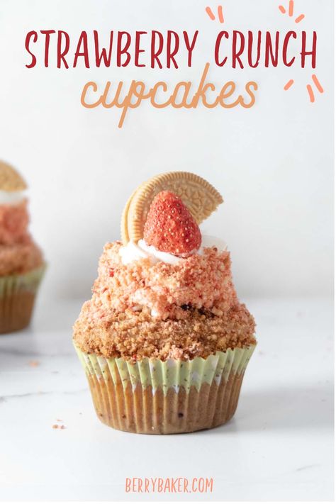 Best Vegan Strawberry Crunch Cupcakes! | The Berry Baker Strawberry Crumble Topping, Strawberry Crunch Cupcakes, Cupcakes From Scratch, Strawberry Crumble, Strawberry Crunch, Vegan Cakes, Vegan Cupcakes, Freeze Dried Strawberries, Strawberry Cupcakes