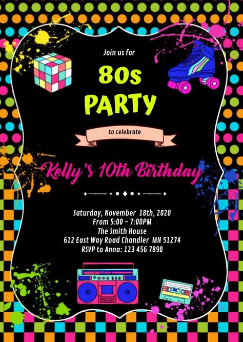 80s Invitation Template Free, 80s Invitation Ideas, 80s Party Decorations, 80s Birthday Parties, 80s Theme Party, 80s Theme, 21st Birthday Invitations, Invitation Design Template, 80s Party