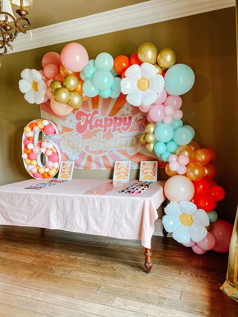 Groovy Birthday Party 6, Retro Birthday Theme Party Ideas, 60s Balloon Arch, 6 Groovy Years, Two Groovy Balloon Arch, Groovy Birthday Dessert Table, Retro Balloon Arch, Groovy 8th Birthday Party, Groovy 30th Birthday Party