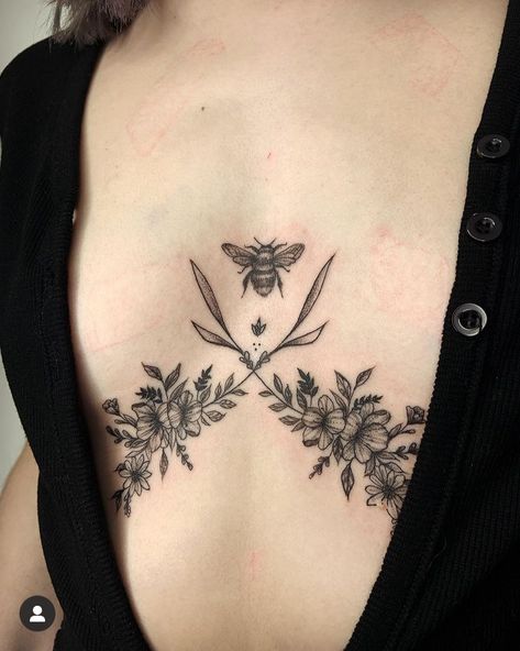 Bee Tattoo Chest, Bee With Flowers, Tattoo Chest, Leaf Tattoo, Garden Tattoo, Piercing Inspo, Stomach Tattoos, Sternum Tattoo, Bee Garden