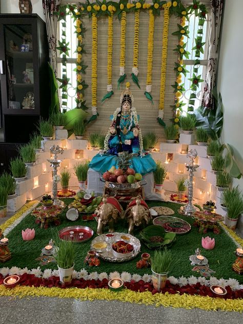 Chaitra Gauri Decoration Ideas, Varamahalakshmi Background Decoration, Gauri Decoration Ideas At Home, Pooja Backdrops, Varamahalakshmi Decoration Ideas, Pooja Decoration Ideas At Home, Varalaxmi Pooja Decoration, Varalakshmi Pooja Decoration, Flower Wall Decor Diy