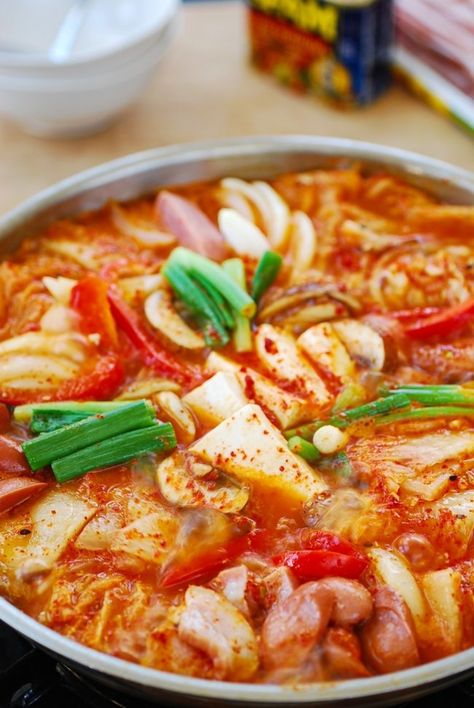 Budae Jjigae (Army Stew) Kimchi Jigae Recipe, Army Stew Recipe, Budae Jjigae Recipe, Jjigae Recipe, Budae Jjigae, Spam Recipes, Korean Soup, South Korean Food, Korean Cooking