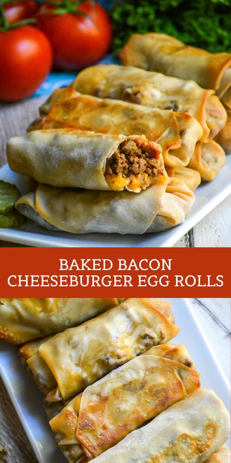 Baked Cheeseburger Eggrolls, Bacon Cheeseburger Eggrolls Recipe, Superbowl Foods Dinners, Fun New Dinner Ideas, Keto Cheeseburger Eggrolls, Non Traditional Egg Rolls, Yummy Comfort Food Dinners, Comfort Appetizers, Cheeseburger Eggrolls Recipe