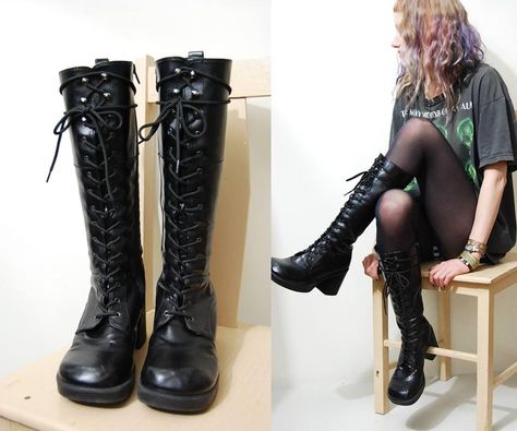 Lace Up Knee High Boots Outfit, Lace Up Boot Outfit, Boots Grunge, Black Boots Outfit, Goth Boots, Casual Attire For Women, Knee Length Boots, Poses References, Black Vegan