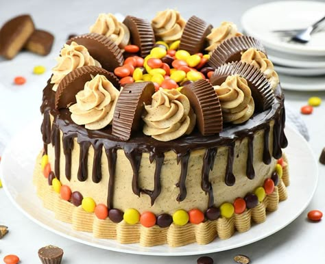 Peanut Butter Chocolate Cake garnished with Reese's cups and Reese's Pieces. Chocolate Peanut Butter Dessert Recipes, Reeses Cake, Chocolate Peanut Butter Desserts, Cake Mix Ingredients, Nursing Cake, Baking Treats, Chocolate Peanut Butter Cake, White Cake Recipe, Butter Cake Recipe