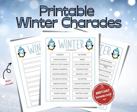 Winter Charades | Winter Games for Kids | Wintertime Activity | Classroom Game | Snow Day | Family Fun | Winter Party Game | Printable Game Winter Games For Kids, Rapping Gifts, Winter Party Games, Weather Games, Charades Game, Activities For Adults, Classroom Games, Printable Game, Winter Games