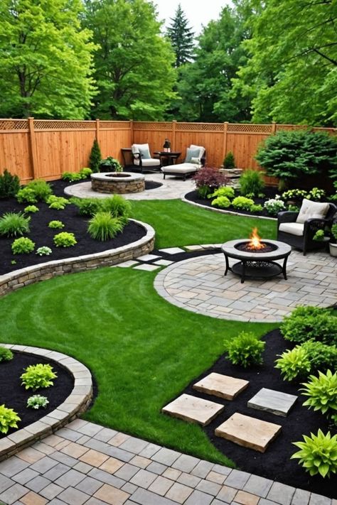 Backyard Landscape Ideas Along Fence, Backyard Renovation Ideas, Backyard Decks Ideas, Naturalized Landscaping, Big Backyard Landscaping, Paved Gardens, Patio Ideas Backyard, Patio Garden Ideas, Small Garden Plans