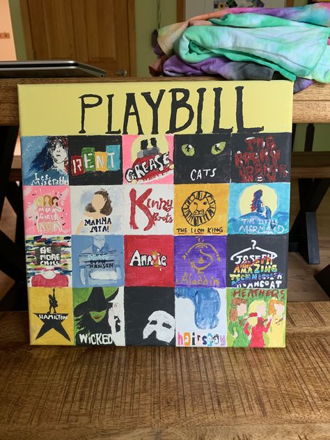 Broadway playbill painting!! Broadway Paintings, Theater Aesthetic Drawing, Musical Painting Ideas, Theatre Painting Ideas, Theater Painting, Theatre Crafts, Broadway Theme, Pinterest Diy Crafts, Graduation Cap Decoration