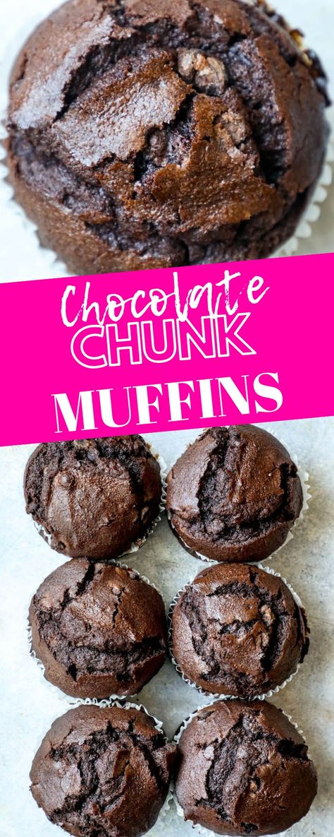 Easy Double Chocolate Chunk Muffins Recipe - breakfast #breakfast #dessert Easy Double Chocolate Chip Muffins, Chocolate Chunk Cupcakes, Buttermilk Chocolate Muffins, Moist Double Chocolate Muffins, Chocolate Chunk Muffins Recipes, Easy Chocolate Muffin Recipes, Moist Muffin Recipes, Chocolate Yogurt Muffins, Chocolate Chunk Bread