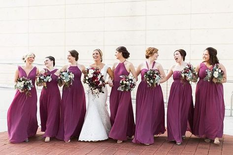 We're loving these punchy pink-purple bridesmaids dresses we spotted on @iheartazazie! : @theganeys  #weddinginspiration #weddingsbycolor #colortheme #weddingplanner #dailydoseofcolor #colorpop #splashofcolor #fuschia #bridesmaidsdresses #weddingcolors #weddings Azazie Mulberry Bridesmaid Dresses, Mulberry Wedding Color Scheme, Mulberry Wedding, Mulberry Bridesmaid, Bridesmaid Colours, Mulberry Bridesmaid Dresses, Newton Hall, Red Gold Wedding, How Many Bridesmaids