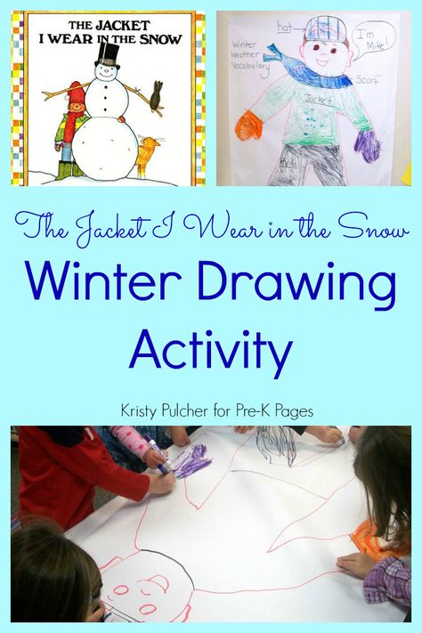 Read the cute book, "The Jacket I Wear in the Snow," and then explore a a process art project either together or as a a class! Great project for preschoolers or kindergartners! Winter Drawing, Winter Theme Preschool, Drawing Activity, Activity Preschool, Pre K Pages, Winter Drawings, Preschool Winter, Preschool Art Projects, Snow Activities