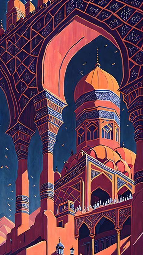 Traditional Islamic Art, Islamic Art Illustration, Minar E Pakistan Painting, Islamic Architecture Painting, Mosque Art Illustration, Arabic Culture Art, Arab Drawing, Eid Illustration, Arabic Illustration