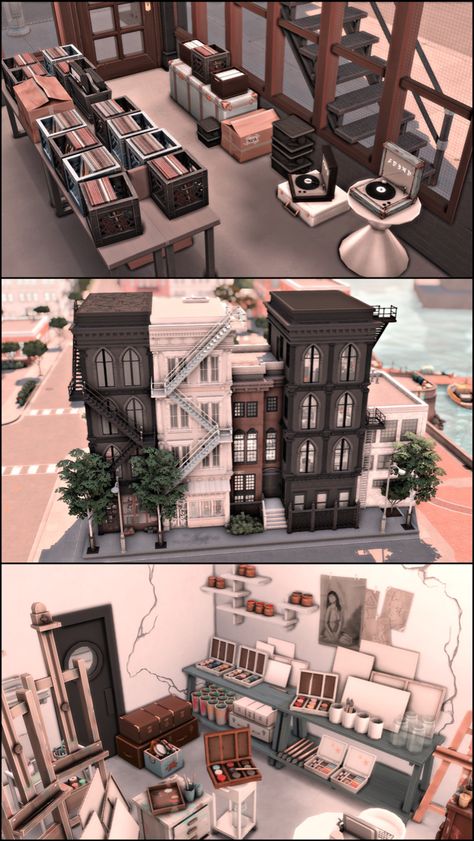 Sims 4 City Townhouse, Sims Community Lot Ideas, Sims 4 Town Houses, Sims 4 Record Store, Sims For Rent, San Myshuno Builds, Sims 4 Community Lots Ideas, Nyc Bloxburg, Sims 4 Art Cc