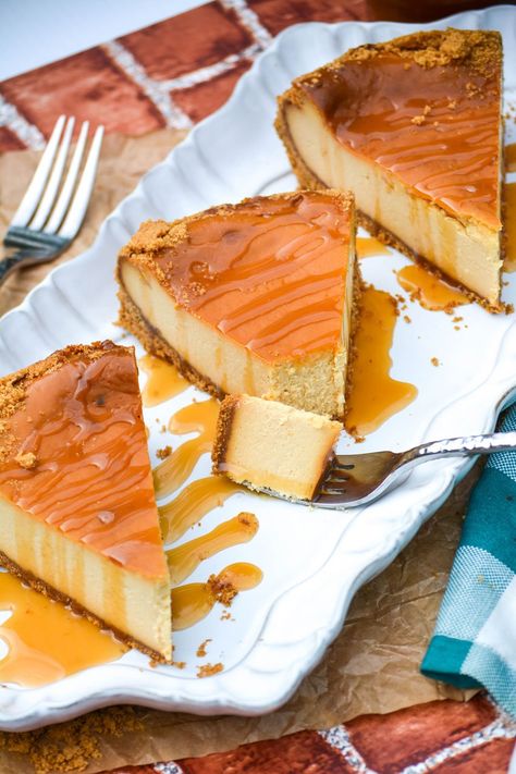 three pieces of caramel drizzled smoked cheesecake on a white platter Smoked Cheesecake, Deserts Recipes, Comfort Desserts, Traeger Recipes, Lemon Filling, Smoked Food Recipes, Made From Scratch, Graham Cracker Crumbs, Classic Dishes