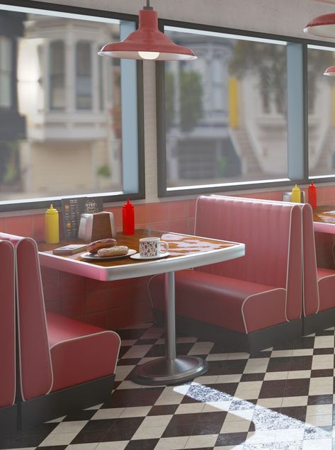 Diner Scene Illustration, Diner Booth Aesthetic, Diner Drawing Reference, 50s Diner Exterior, Diner Aesthetic Kitchen, 50’s Diner, Diner Reference, Old Diner Aesthetic, 50s Diner Aesthetic