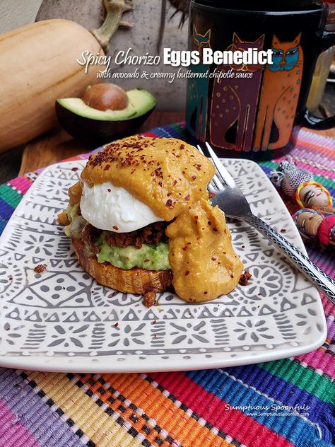 The Best Spicy Eggs Benedict Without Bread: Chorizo Eggs Benedict | Sumptuous Spoonfuls Chorizo Eggs, Eggs Benedict Recipe, Chorizo And Eggs, Spicy Eggs, Avocado Sandwich, Gluten Free Egg Free, Smashed Avocado, Chipotle Sauce, Poached Egg