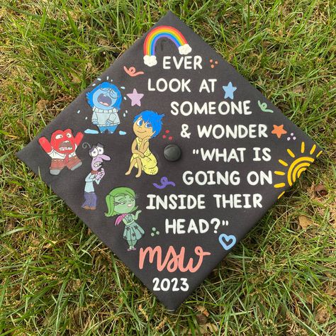 Inside Out Graduation Cap Ideas, Social Worker Graduation Cap Ideas, Msw Grad Cap Ideas, Masters Of Social Work Graduation Cap, Social Work Grad Cap Ideas, Graduation Cap Designs College Social Work, Graduation Cap Designs Therapist, School Psychologist Graduation Cap, Counseling Grad Cap