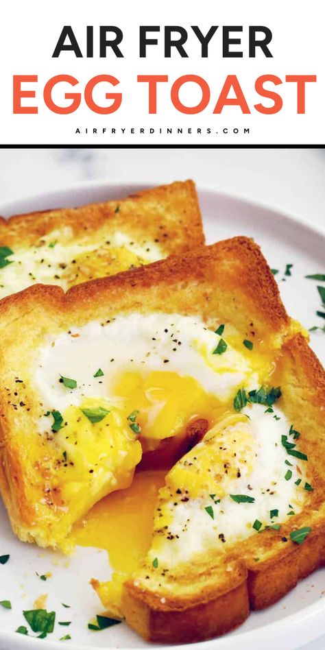 For a filling, yummy breakfast, make our Air Fryer Egg Toast! Classic egg-in-a-hole is even easier to make following our simple air fryer instructions. It's ready in under ten minutes, takes just four ingredients, and is sure to make you smile! Eggs On Toast Air Fryer, How To Air Fry Eggs, Air Fryer Egg And Toast, Fried Egg In Airfryer, Baked Eggs In Air Fryer, Egg In The Hole Air Fryer, Egg In Bread Air Fryer, Egg In The Air Fryer, Air Fryer Egg On Toast