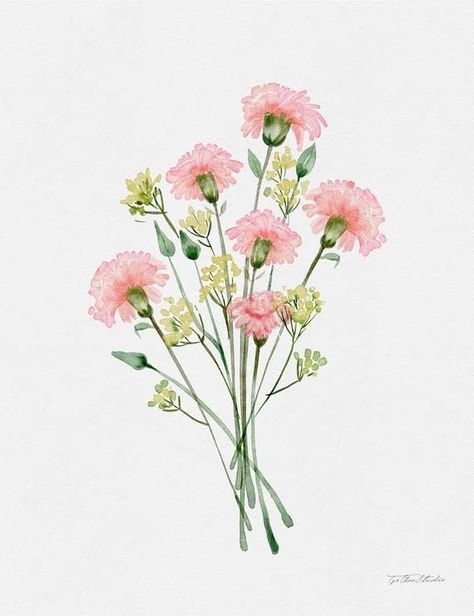 Flower Wall Art Prints, Pink Carnation Painting, Delicate Flower Painting, Carnation Painting Easy, Mothers Day Digital Art, Carnation Watercolor Painting, Painted Pink Flowers, Carnation Flower Art, Pink Flower Paintings