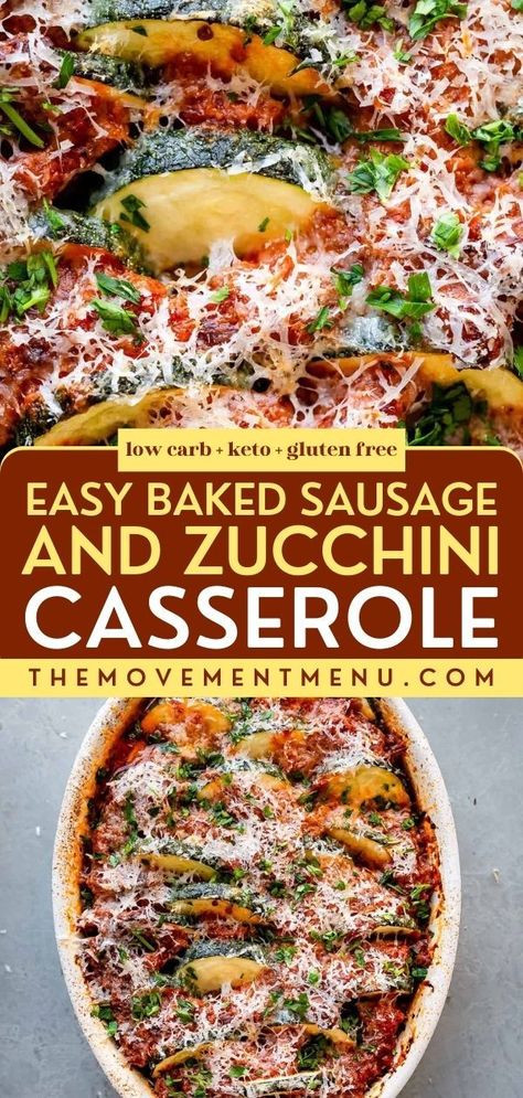 The perfect weeknight dinner recipe! Your family will love this easy meal. Not only will this baked sausage and zucchini casserole remind you of pizza and lasagna, but it is also gluten-free, low-carb, and keto. Paleo and Whole30 options for this zucchini recipe included! Sausage With Zucchini And Squash, Low Carb Zucchini Bake, Ground Italian Sausage And Zucchini Recipes, Low Carb Recipes Using Ground Sausage, Sausage Zucchini Bake, Zucchini Italian Sausage Recipes, Zucchini Recipes With Sausage, Italian Sausage And Squash Recipes, Zucchini Pepperoni Casserole