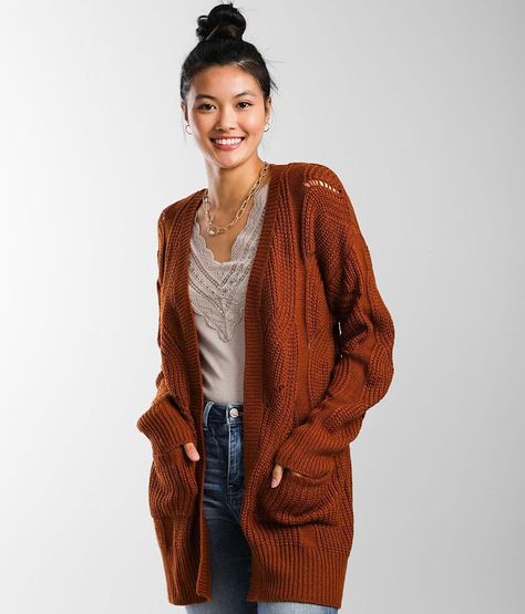 Rust Cardigan, Burnt Orange Cardigan, Rust Sweater, Pointelle Cardigan, Fleece Cardigan, Open Sweater, Sweater For Women, Sweater Women's, Cardigan Outfits