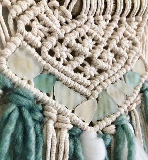 Sea Glass Macrame, Macrame Sea, Sea Glass Window, Stone Artwork, Mermaid Glass, Large Macrame Wall Hanging, Sea Glass Crafts, Large Macrame, Sticks And Stones