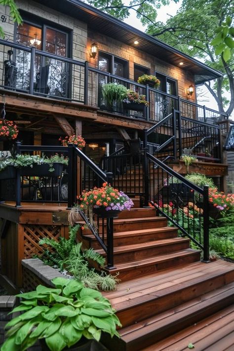 Elevated Decking Ideas Outdoor, Two Tier Backyard Decks, Upper Level Deck Ideas Second Story, 3 Tier Deck, Small Raised Deck, High Decks Backyard, Two Story Deck Ideas, Two Tier Deck Ideas, Narrow Deck Ideas