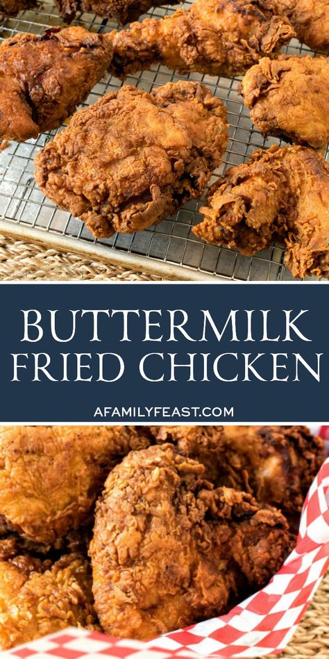 Buttermilk Fried Chicken - Crispy,  crunchy and perfectly seasoned on the outside, juicy and tender on the inside!   #chicken #chickenrecipes #friedchicken Cast Iron Fried Chicken, Chicken Breading, Recipe For Kentucky Fried Chicken, Buttermilk Fried Chicken Recipe, Southern Fried Chicken Recipe, Best Fried Chicken Recipe, Fried Chicken Recipe Southern, Bird Suet, Chicken Crispy