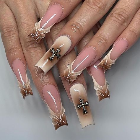 2024 Summer Acrylic Nails: Bright Neon Art Ideas for Coffin, Square, and Almond Shapes Fall Nails Brown, Acrylic Nails Fall, Brown French Tip, Halo Nails, Brown Acrylic Nails, Brown French, Nails Fall Nails, Cross Nails, Aura Nails