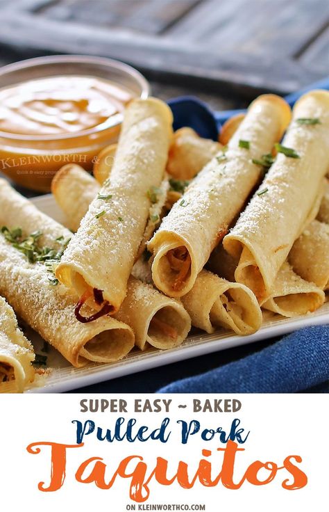 Baked Pulled Pork Taquitos Bbq Pork Taquitos, Pulled Pork Taquitos, Baked Pulled Pork, Pork Taquitos, Texmex Recipes, Pulled Pork Leftover Recipes, Leftover Pulled Pork, Taquitos Recipe, Authentic Mexican Recipes