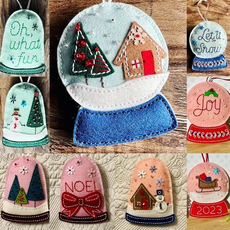 @ny_cardsncrafts • Instagram photos and videos Snow Globe Ornaments Diy, Christmas Ornament Snow Globe, Felt Snowglobe, Crochet Snowglobe Ornament, Snow Globe Felt Ornament, Poshta Design, Snow Globe Crochet Ornament, Stitching Dies, Fabric Christmas Decorations