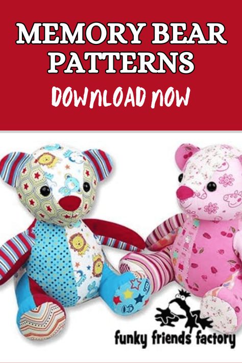 Craft heartfelt keepsakes with these beautiful memory bear patterns! Perfect for transforming cherished clothing into adorable bears, these patterns help you create unique and sentimental gifts. Ideal for honoring loved ones or preserving special memories, memory bear patterns provide step-by-step instructions to guide you through making a meaningful and lasting tribute. Memory Bears Pattern Free, Keepsake Teddy Bear, Patchwork Bear, Memory Bears Pattern, Bear Patterns Free, Teddy Bear Sewing Pattern, Memory Pillow, Keepsake Bear, Soft Toy Patterns