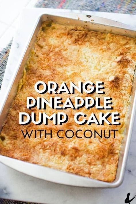 This tasty Orange Pineapple Dump Cake recipe with coconut is easy and delicious. It's the best dessert using cake mix to make for a party or putluck. #potluck #orangedessert #pineappledessert #dumpcakerecipes #dessert Orange Dump Cake Recipes, Lemon Pineapple Dump Cake, Strawberry Pineapple Cake, Orange Cake Mix Recipes, Dump Desserts, Orange Desserts, Work Desserts, Pineapple Dump Cake Recipe, Pineapple Dump Cake