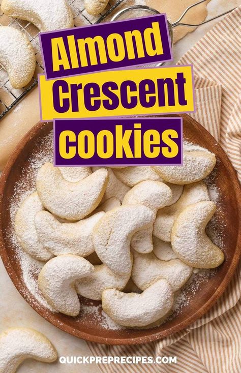 These easy almond crescent cookies are a buttery, nutty, melt-in-your-mouth treat perfect for the holidays or any time of year. Made with simple ingredients and dusted with powdered sugar, they’re a timeless favorite that’s quick to whip up and irresistible to enjoy. They look gorgeous on a holiday cookie tray, too. And the best part? You can make these delicious almond crescent moon cookies with only 10 minutes of prep time. Ready to bake? Check out Quick Prep Recipes for our newest blog post! Moon Cookies Recipe, Crescent Moon Cookies, Almond Cookies Recipes, Almond Crescent Cookies, Crescent Cookies, Moon Cookies, Almond Meal Cookies, Spiced Cider, Almond Flavor