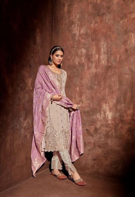 Mohini Rumeli 2201 - Georgette with Elegant Heavy Cording Embroidery Suit Pant Style Suits Indian, Cording Embroidery, Bridal Salwar, Durga Pooja, Celana Fashion, Embroidery Suit, Beige Suits, Indian Party, Embroidered Pants