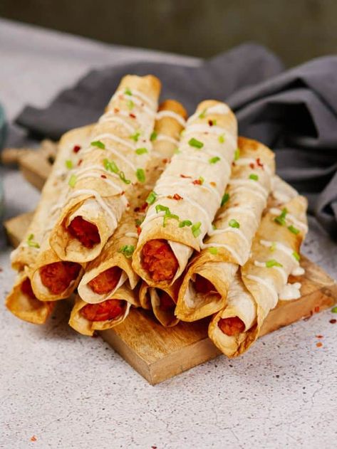 Buffalo Chickpea Taquitos | Vegan Recipe - The Cheeky Chickpea Buffalo Chickpea Taquitos, Taquitos Vegan, Chickpea Taquitos, Chicken Taquitos Recipe, Buffalo Chicken Taquitos, Chickpea Salad Vegan, Quinoa Chickpea Salad, Buffalo Chickpea, Chic Peas