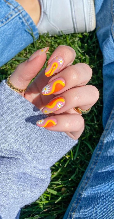 orange swirl nails, orange swirl and daisy nails, cute summer nail art designs, acrylic nail designs for summer, colorful nail colors, bright nail colors, summer nail art designs 2021, ombre nail colors, nail art designs 2021 #nailart #nailart2021 Bright Swirl Nails, Orange Swirl Nails, Nail Orange, Nail Art Colorful, Nail Art Orange, Nails Swirl, Nailart Summer, Mix Match Nails, Checkered Nails