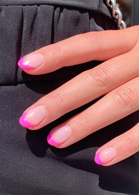 French With Hot Pink Tip, Hot Pink Tips Nails, Pink Tip Almond Nails, Colored French Tip Nails Almond, French Tip Nails Hot Pink, Hot Pink Tip Nails, Colored Tip Nails, Hot Pink French Tip Nails, Hot Pink French Tips