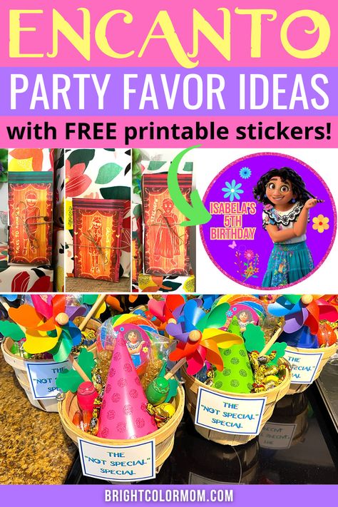 collage of Encanto-themed party favors with the text "Encanto party favor ideas with FREE printable stickers!" Encanto Birthday Party Goodie Bags, Encanto Party Bags, Encanto Gift Ideas, Encanto Favors, Encanto Goodie Bag Ideas, Encanto Food Ideas, Encanto Party Favor Ideas, Fiesta Party Favors For Kids, Encanto Birthday Ideas