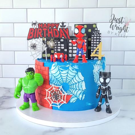 You know it's a party when Spiderman and his friends show up! Happy 4th birthday to an amazing 4 year old! . . . #spidermancake #spideyandfriends #kidscake #nhbaker #webs #hulksmash #4thbirthday #birthdaycake #chocolate #stenciledcake 4 Year Birthday Party Ideas Boy, Boys 4th Birthday, Spidey Birthday, Spiderman 4, 4 Birthday, Party Themes For Boys, Happy 4th Birthday, Birthday Themes For Boys, Spiderman Party