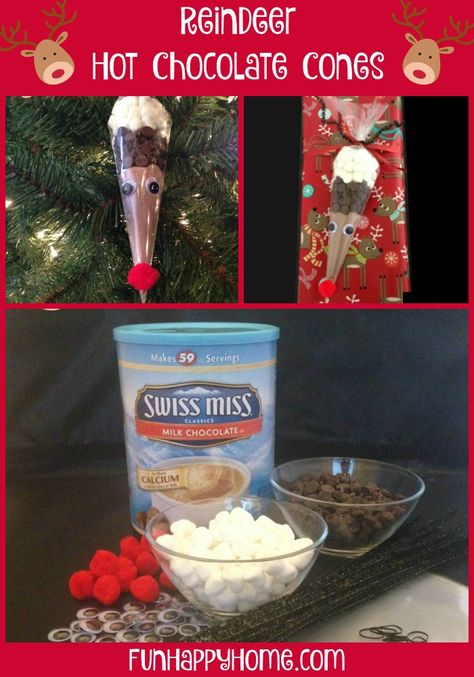 Reindeer Hot Chocolate Cones, Hot Chocolate Cones, Diy Reindeer, Reindeer Hot Chocolate, Decorated Liquor Bottles, Candy Gifts Diy, Easy Christmas Craft, Cones Diy, Chocolate Cone