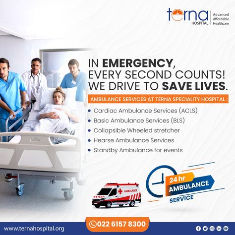 In case of a medical emergency, just call Terna Hospital's emergency services at 022 6157 8300 and a well-equipped ambulance with trained emergency staff will reach you within 30 minutes*. Our ambulances are equipped with state of the art medical equipment like cardiac monitors, defibrillator, airway equipment etc. transport ventilator is also available for transport of intubated and ventilated patients. Reach out to us incase of any emergencies! Hospitals Design, Body Logo Design, Body Logo, Ad Poster, Emergency Medical Services, Hospital Design, Medical Services, Social Media Design Graphics, Design Graphics