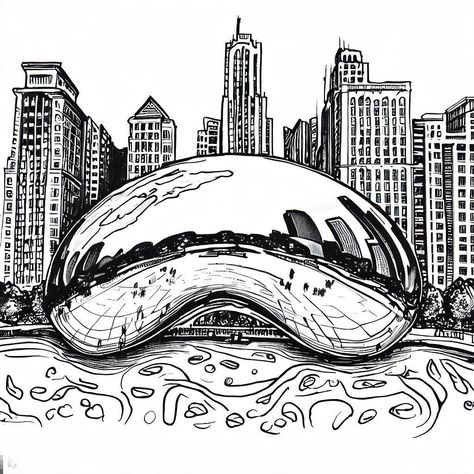 Chicago Theme Tattoo, Chicago City Drawing, Chicago Buildings Drawing, Chicago Bean Drawing, Chicago Bean Tattoo, Chicago Doodles, Chicago Skyline Drawing, Chicago Drawing, Chicago Skyline Tattoo