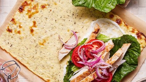 How to make the viral baked cottage cheese wrap recipe from TikTok Flatbread Wrap Recipes, Baked Cottage Cheese, Roasted Chicken Salad, Cheese Wraps, Parmesan Crusted Potatoes, Cottage Cheese Breakfast, Protein Ideas, Gluten Free Wraps, Cheese Flatbread