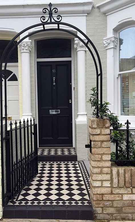 Victorian Mosaic Tile, Victorian Front Garden, Terrace House Exterior, Front Path, Victorian Front Doors, Garden Railings, Porch Tile, Front Gardens, Black Front Doors