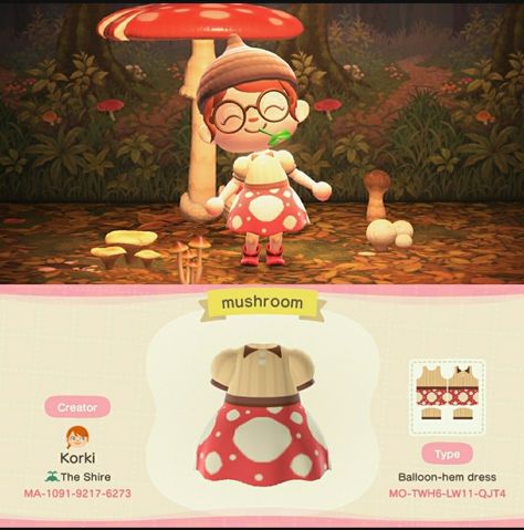 Forrestcore dress for acnh by me =) Mushroom Dress Animal Crossing, Acnh Mushroom Dress, Acnh Mushroom, Mushroom Ideas, Codes Acnh, Mushroom Dress, Mushroom Theme, Mushroom Core, Custom Design Dress