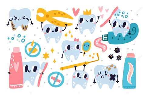 Brush Teeth Illustration, Kawaii Classroom, Dental Illustration, Tooth Illustration, Teeth Illustration, Teeth Drawing, Tooth Cartoon, Kids Dentist, Teeth Art